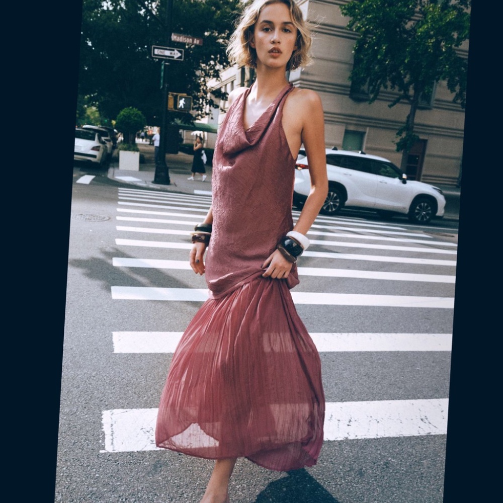 Zara Pleated Midi Dress Semi-Sheer Crinkle Effect Flappercore 1920’s Size Small